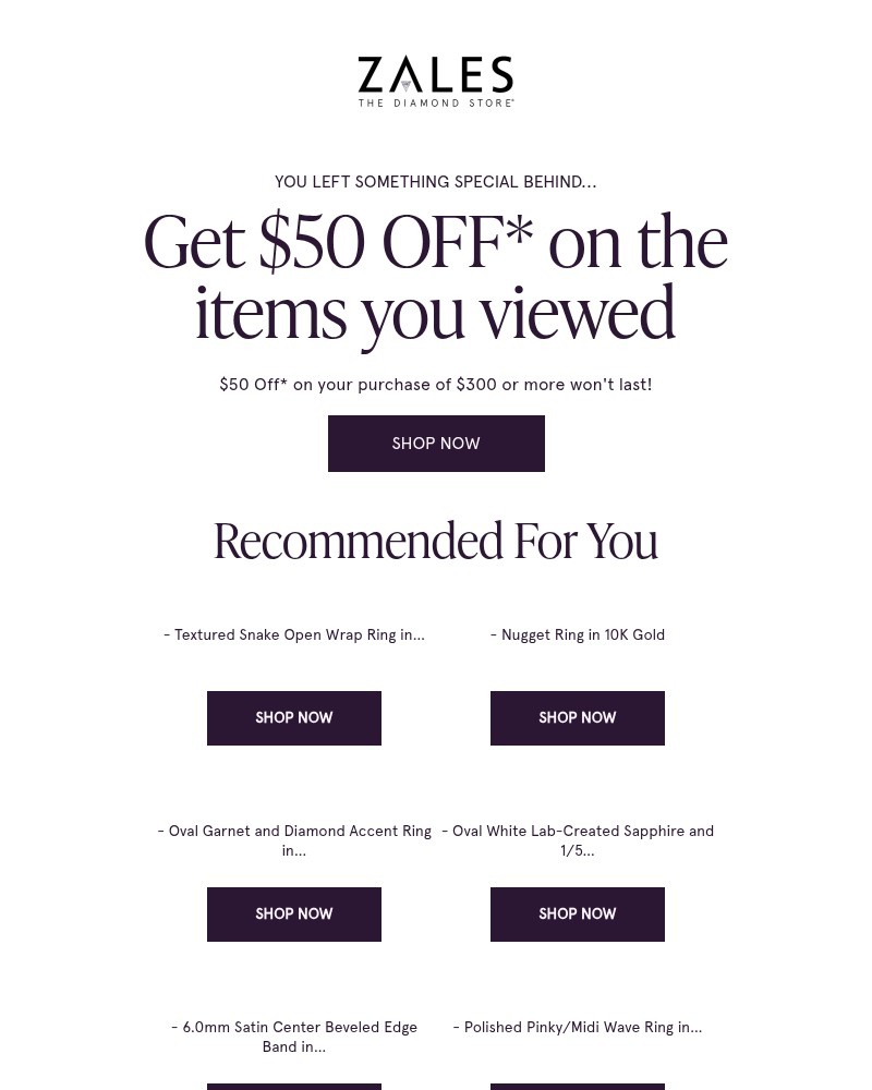 Screenshot of email sent to a Zales Newsletter subscriber
