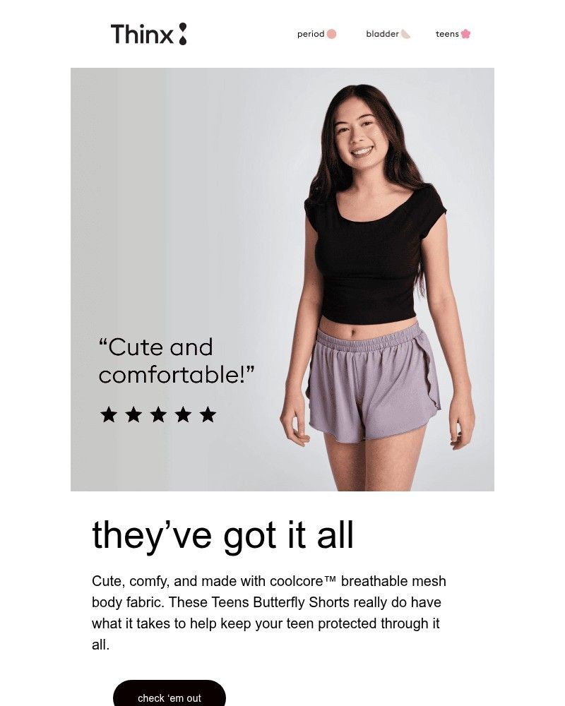 Screenshot of email sent to a Thinx Newsletter subscriber