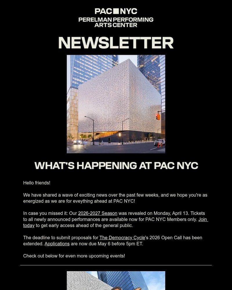 Screenshot of email sent to a Perelman Performing Arts Center (PAC NYC) Newsletter subscriber