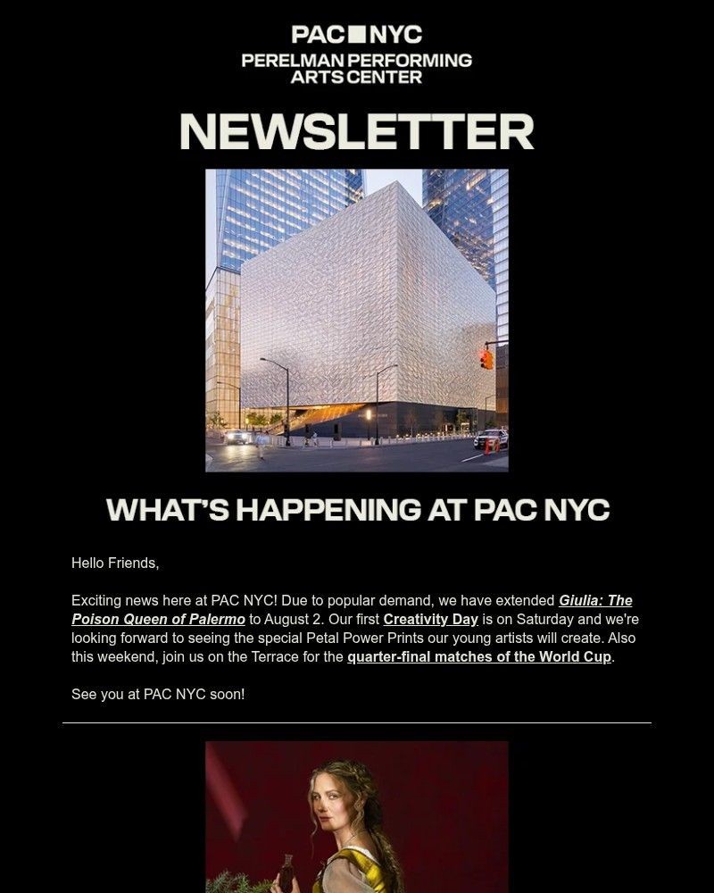 Screenshot of email sent to a Perelman Performing Arts Center (PAC NYC) Newsletter subscriber
