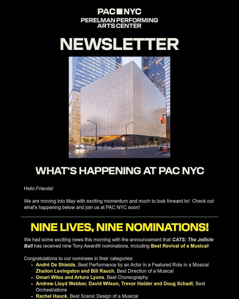 Screenshot of email sent to a Perelman Performing Arts Center (PAC NYC) Newsletter subscriber