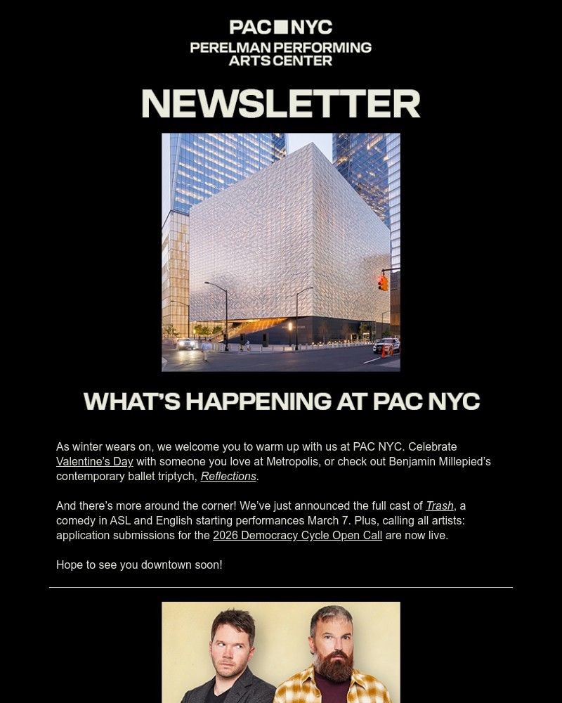 Screenshot of email sent to a Perelman Performing Arts Center (PAC NYC) Newsletter subscriber