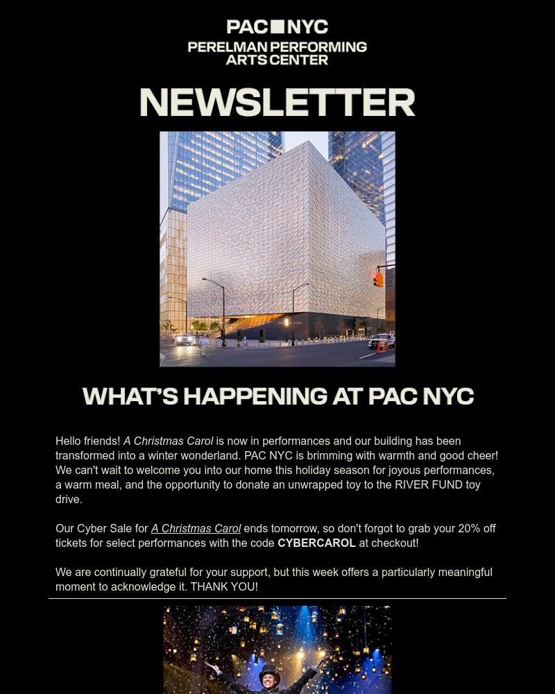 Screenshot of email sent to a Perelman Performing Arts Center (PAC NYC) Newsletter subscriber