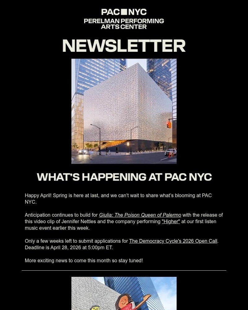 Screenshot of email sent to a Perelman Performing Arts Center (PAC NYC) Newsletter subscriber