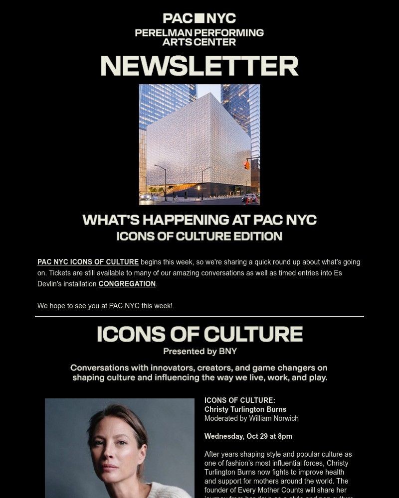 Screenshot of email sent to a Perelman Performing Arts Center (PAC NYC) Newsletter subscriber