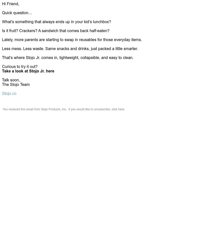 Screenshot of email sent to a Stojo Newsletter subscriber