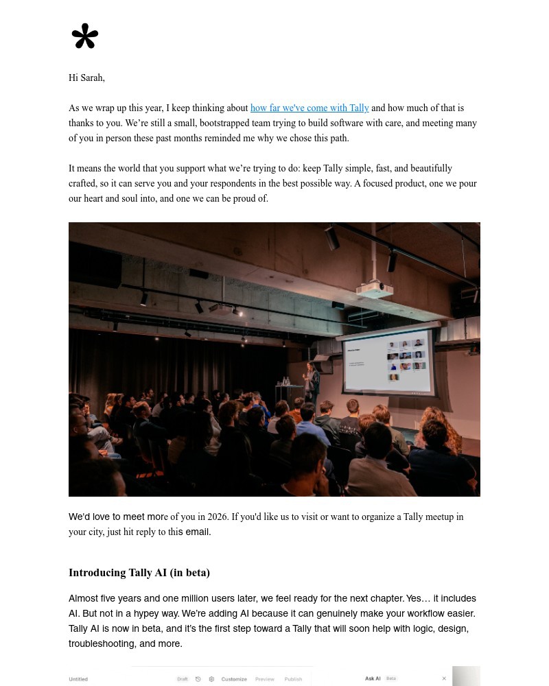 Screenshot of email sent to a Tally Registered user