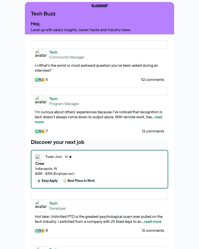 Screenshot of email sent to a Glassdoor Registered user
