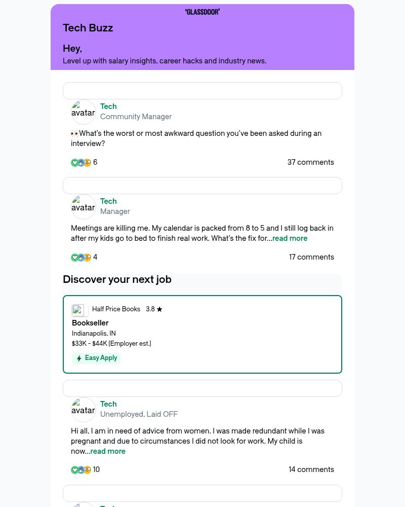 Screenshot of email sent to a Glassdoor Registered user