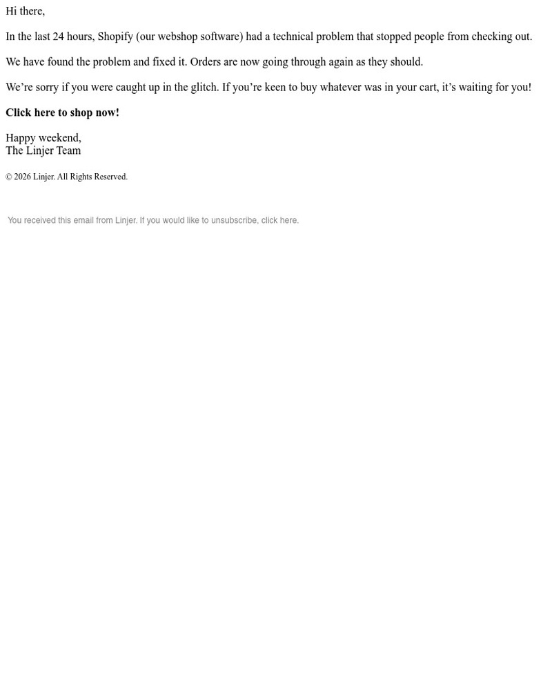 Screenshot of email sent to a Linjer Newsletter subscriber