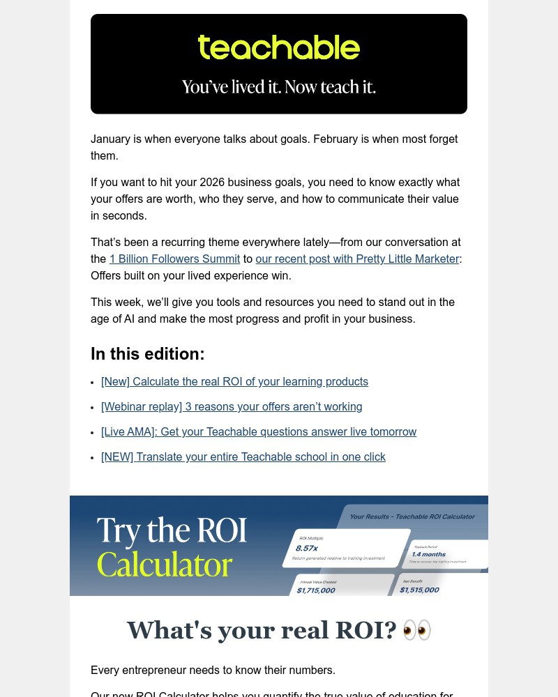 Screenshot of email sent to a Teachable Registered user