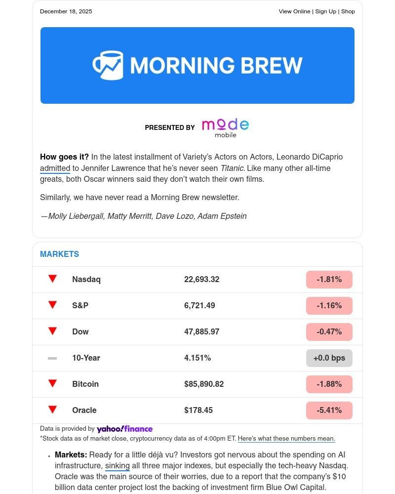 Screenshot of email sent to a Morning Brew Newsletter subscriber