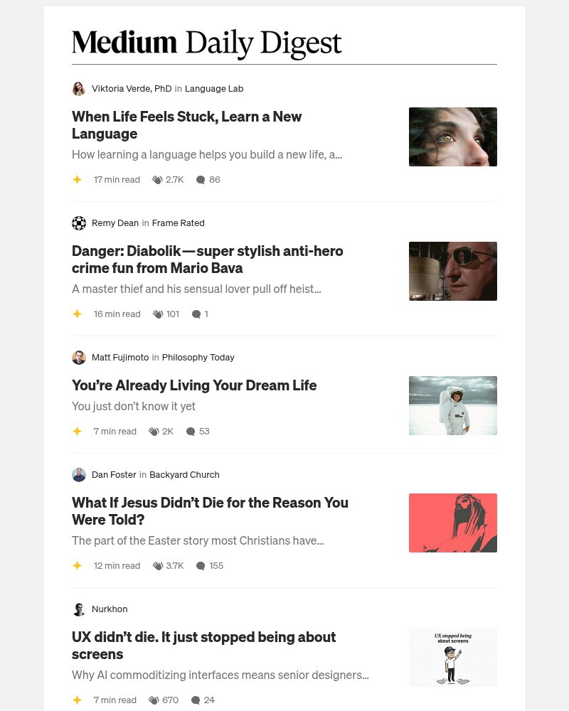 Screenshot of email sent to a Medium Registered user