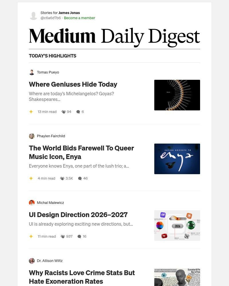 Screenshot of email sent to a Medium Registered user