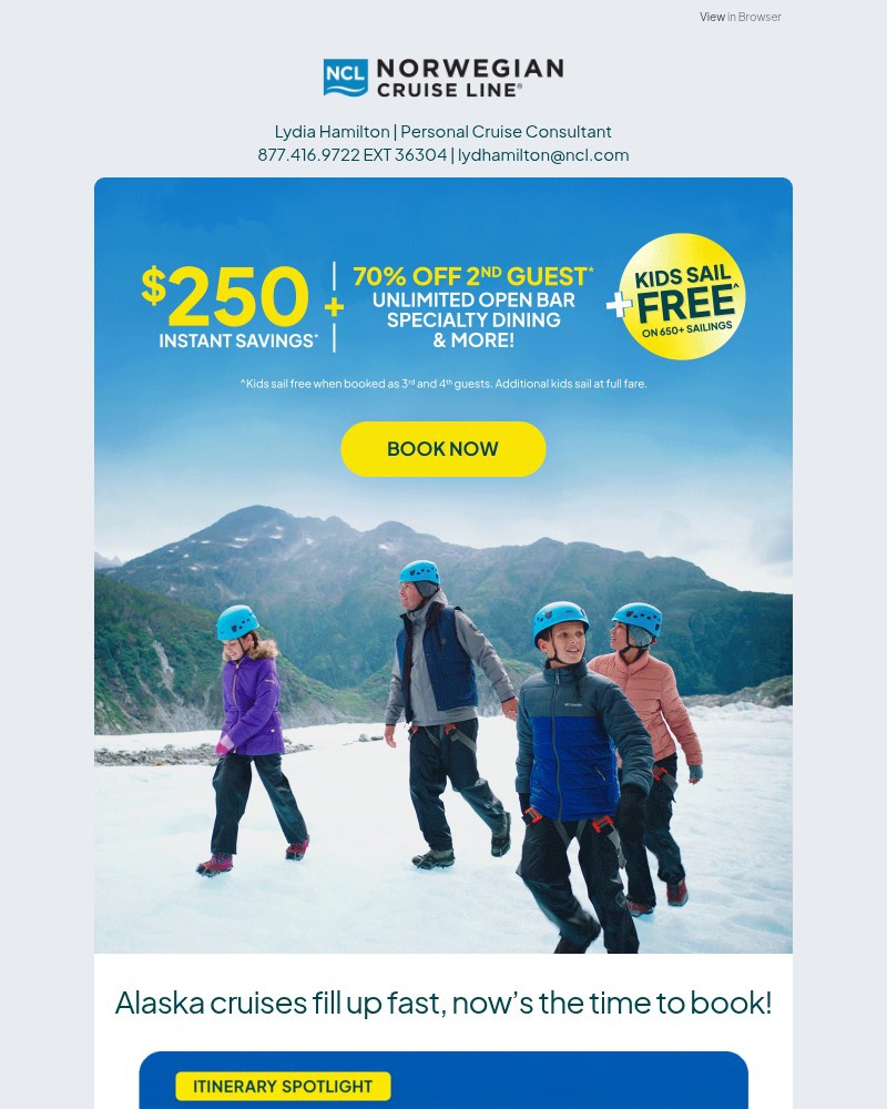 Screenshot of email sent to a Norwegian Cruise Line Newsletter subscriber