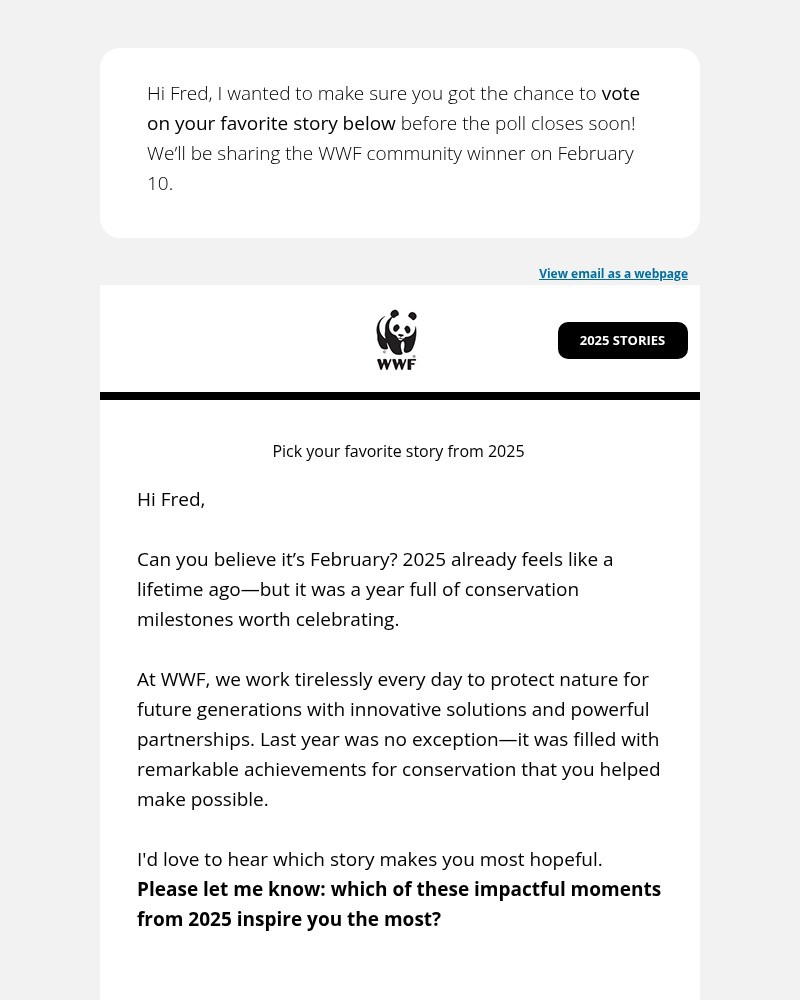 Screenshot of email sent to a World Wildlife Fund Newsletter subscriber