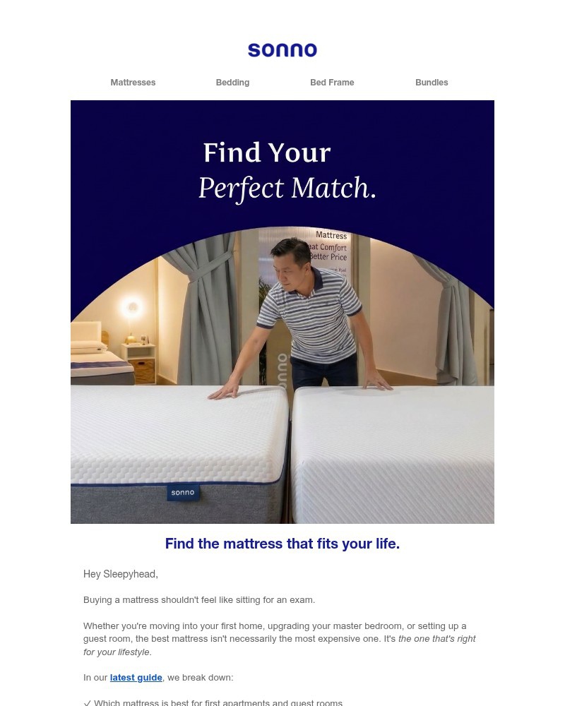 Screenshot of email sent to a Sonno Newsletter subscriber