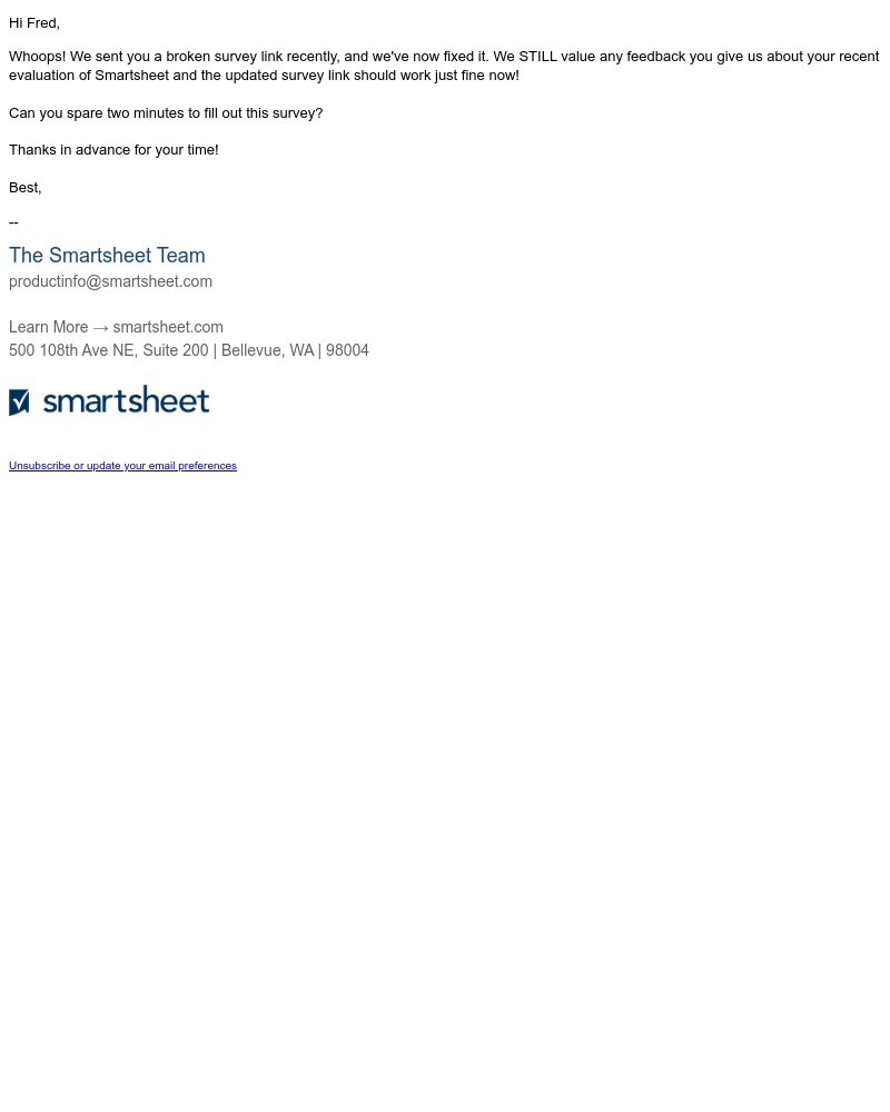 Screenshot of email sent to a Smartsheet Trial user