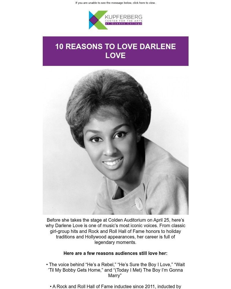 Screenshot of email sent to a Kupferberg Center Newsletter subscriber