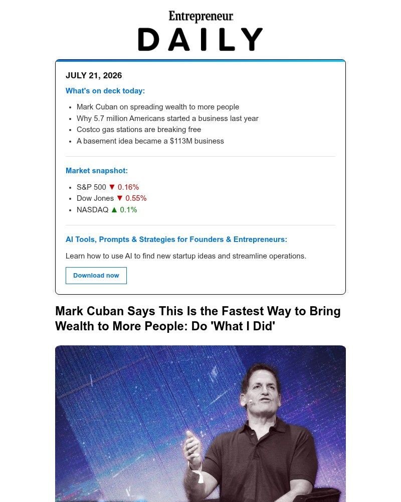Screenshot of email sent to a Entrepreneur Newsletter subscriber