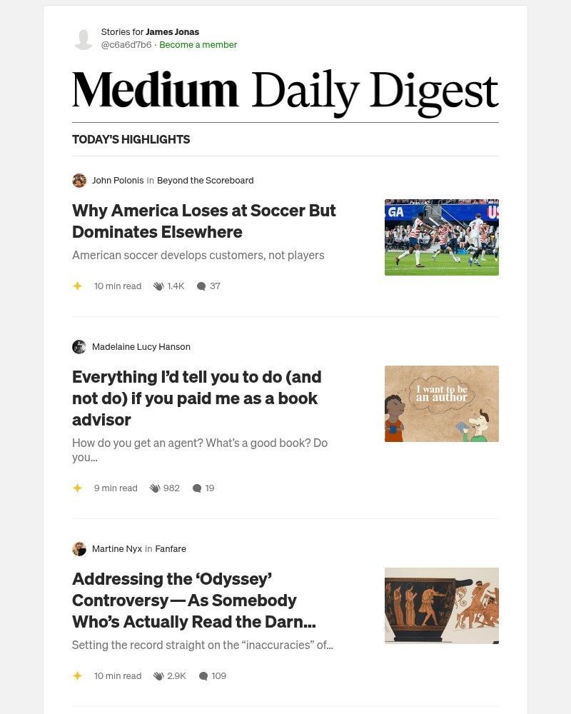 Screenshot of email sent to a Medium Registered user