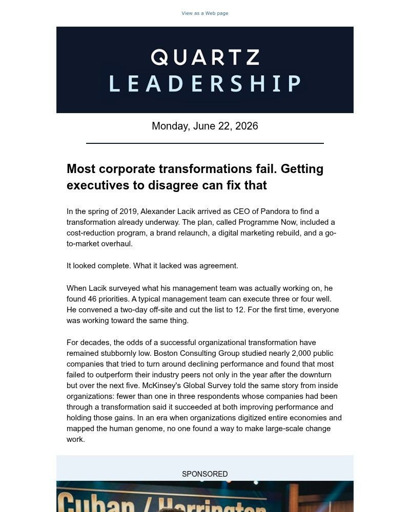Screenshot of email sent to a Quartz Newsletter subscriber