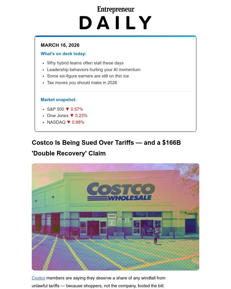 Screenshot of email sent to a Entrepreneur Newsletter subscriber