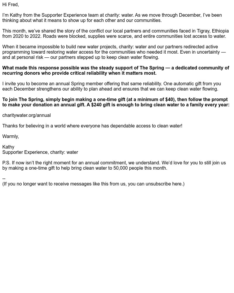 Screenshot of email sent to a Charity Water Newsletter subscriber