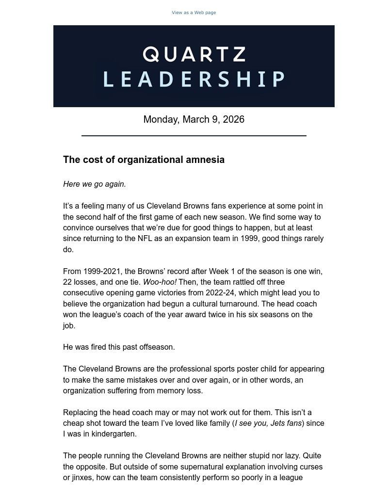 Screenshot of email sent to a Quartz Newsletter subscriber