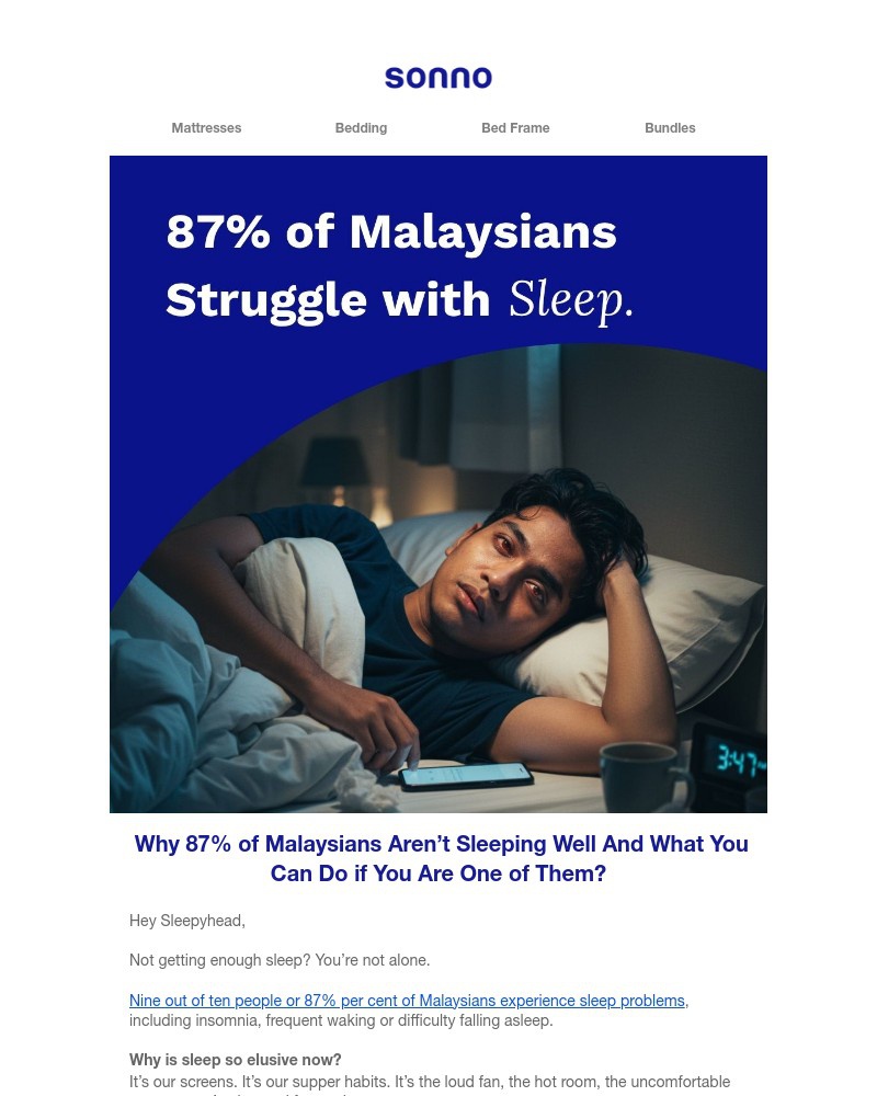 Screenshot of email sent to a Sonno Newsletter subscriber