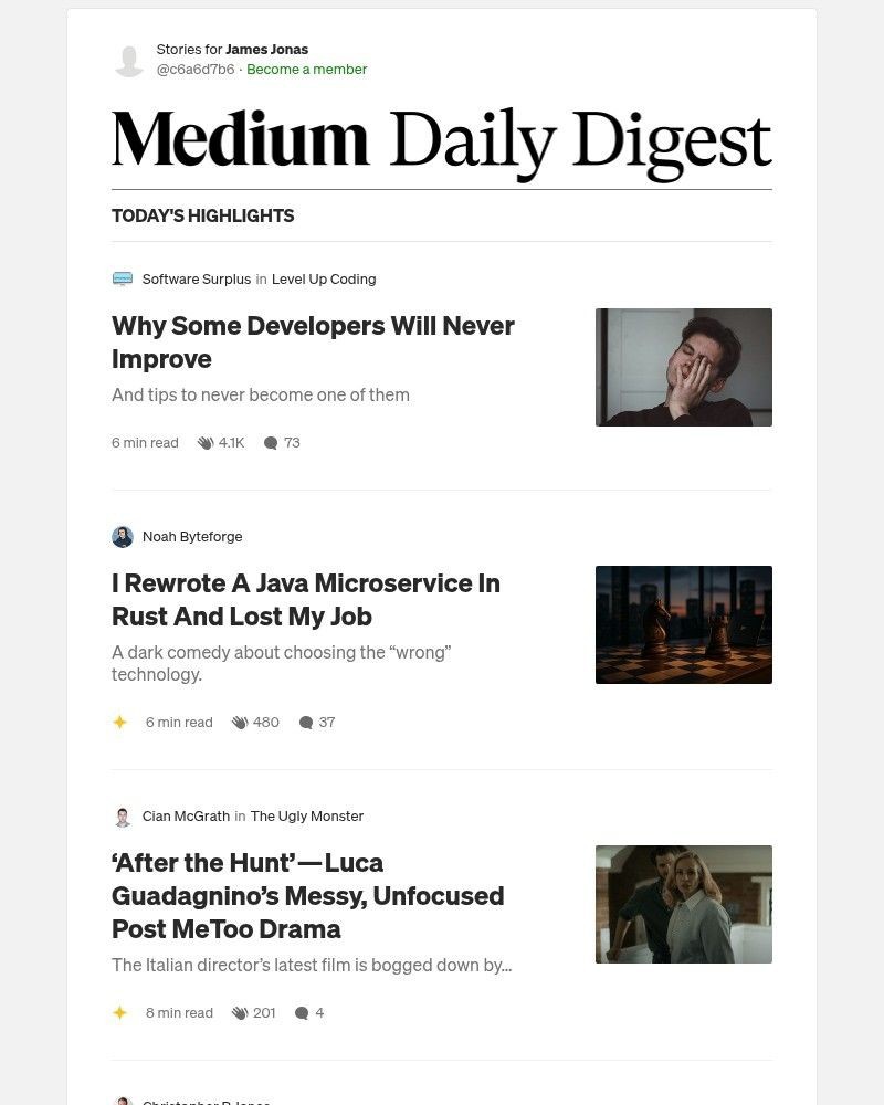 Screenshot of email with subject /media/emails/why-some-developers-will-never-improve-software-surplus-in-level-up-coding-57e980_3EIF1nH.jpg