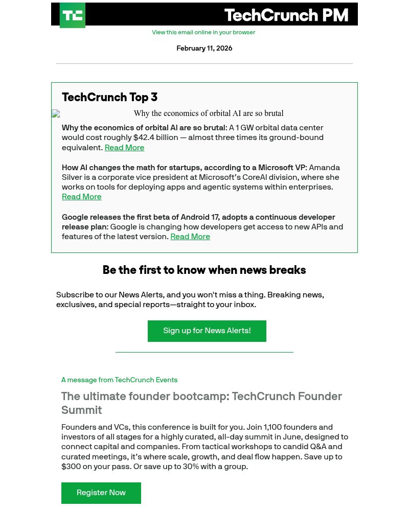 Screenshot of email sent to a Techcrunch Newsletter subscriber