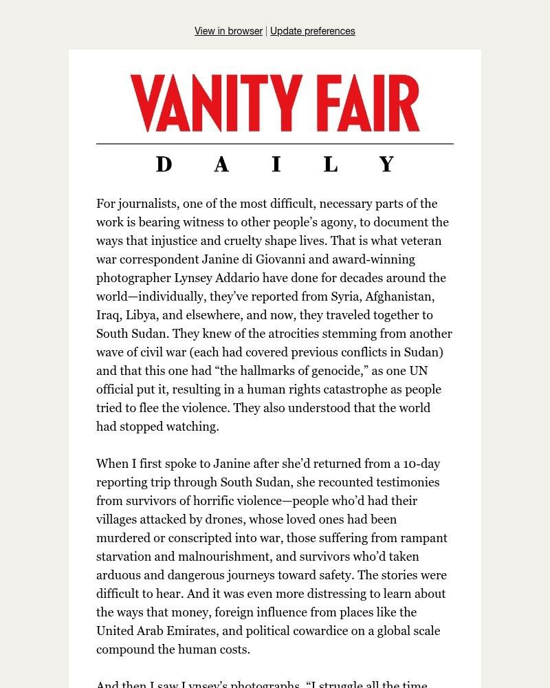 Screenshot of email sent to a Vanity Fair Newsletter subscriber