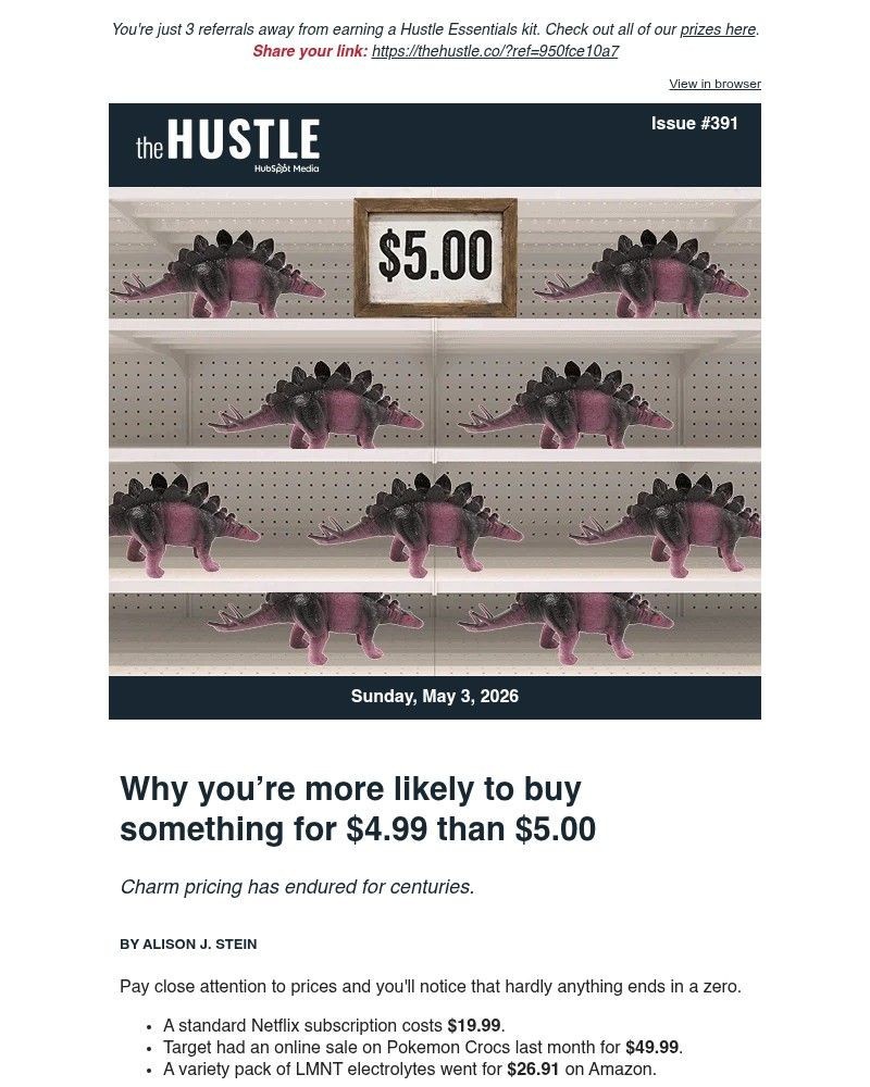 Screenshot of email sent to a The Hustle Newsletter subscriber