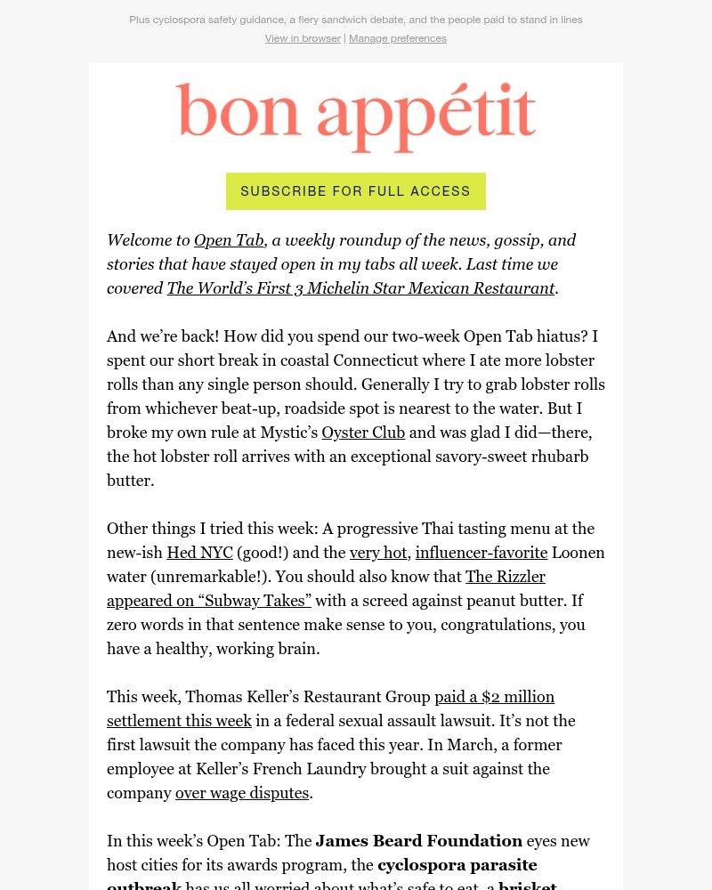 Screenshot of email sent to a Bon Appétit Newsletter subscriber