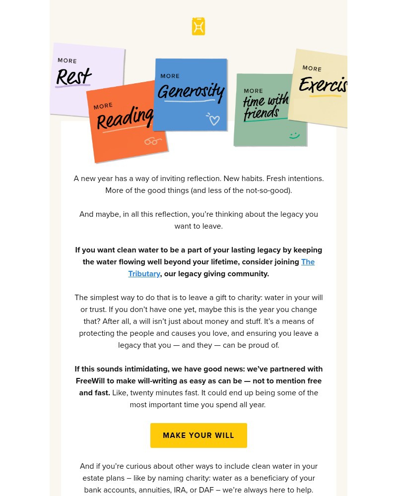 Screenshot of email sent to a Charity Water Newsletter subscriber