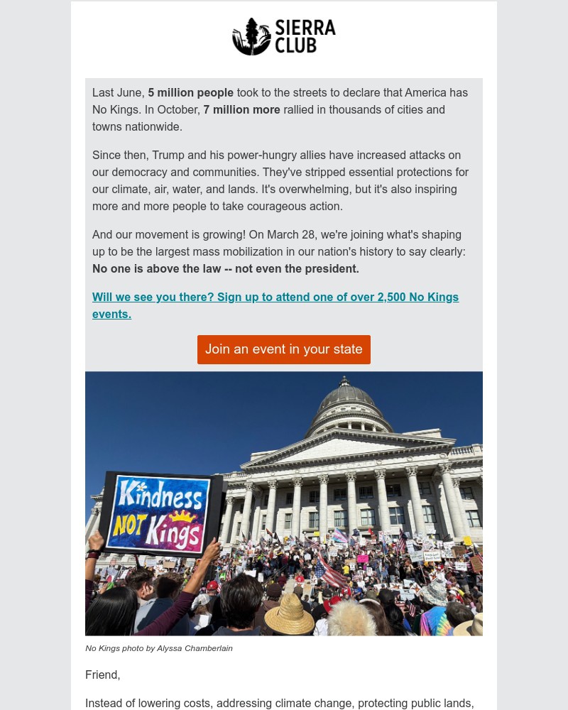 Screenshot of email sent to a Sierra Club Newsletter subscriber