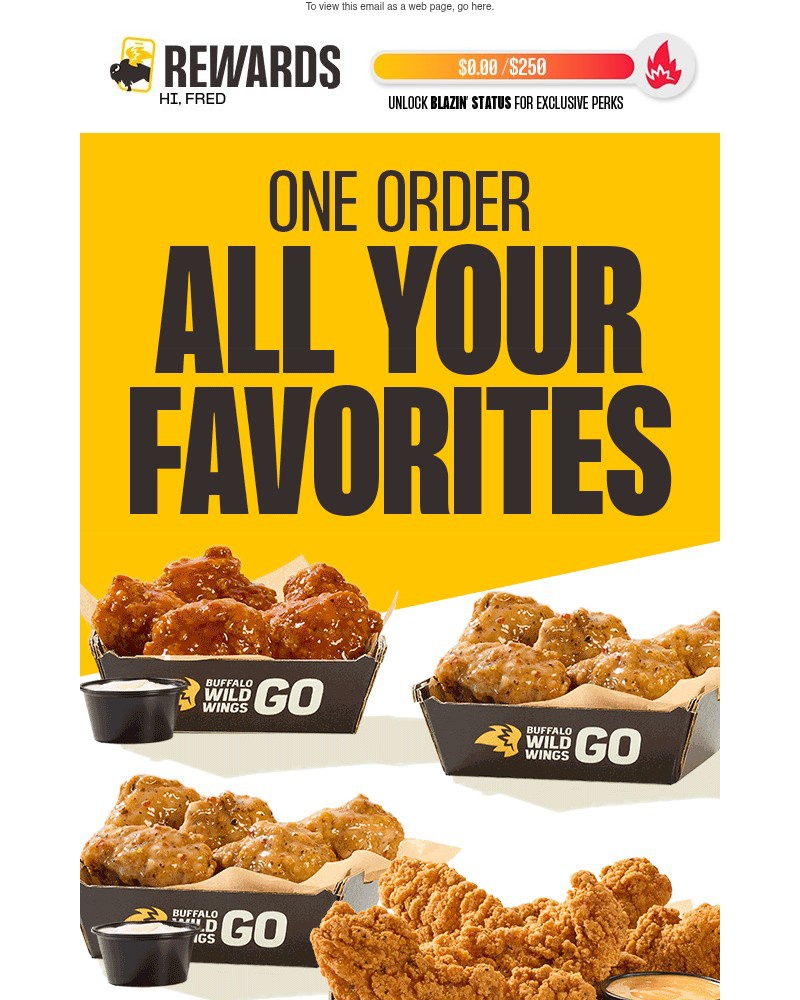 Screenshot of email sent to a Buffalo Wild Wings Registered user