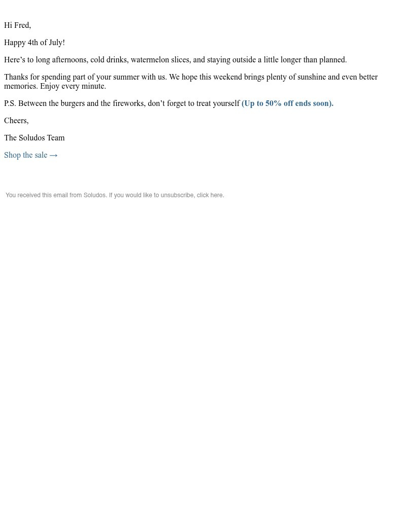 Screenshot of email sent to a Soludos Registered user