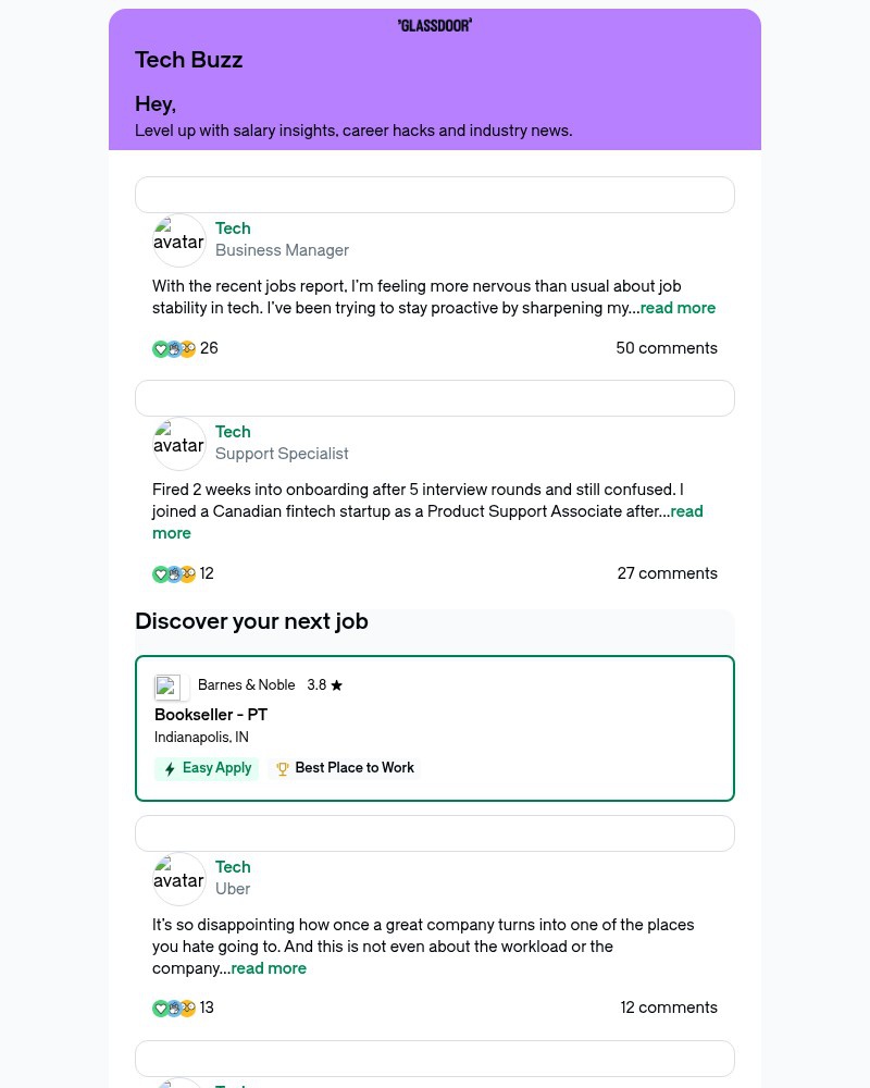 Screenshot of email sent to a Glassdoor Registered user