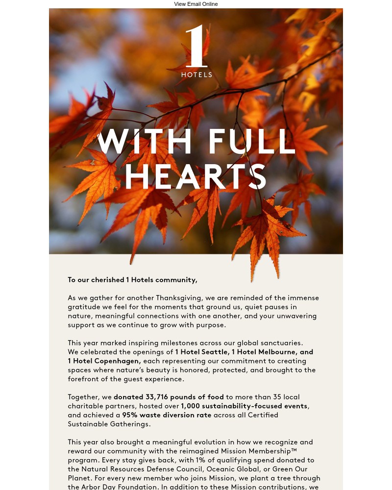 Screenshot of email sent to a 1 Hotels Newsletter subscriber