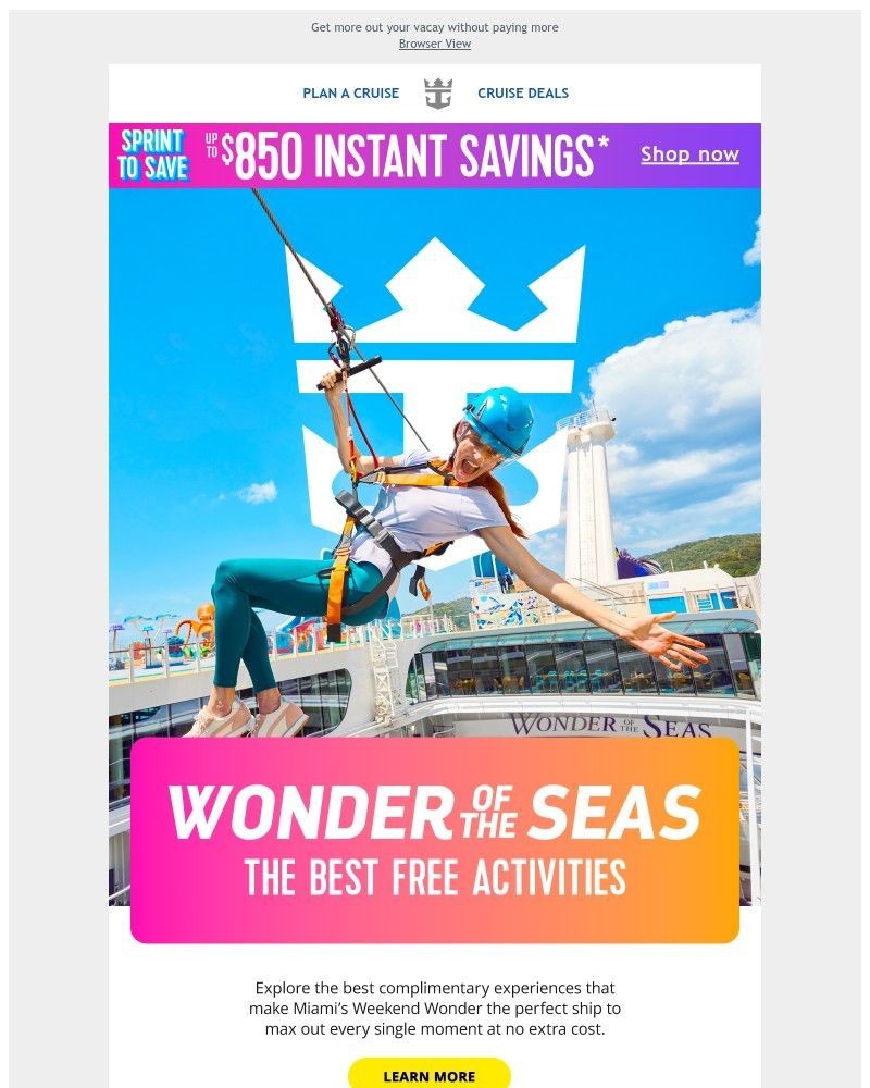 Screenshot of email sent to a Royal Caribbean Cruises Newsletter subscriber
