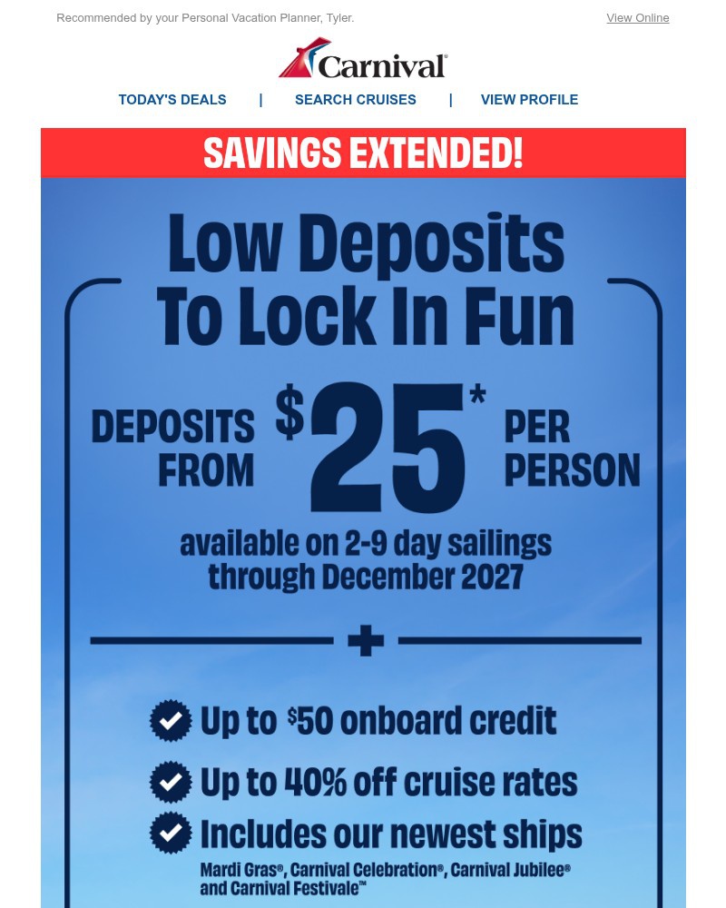 Screenshot of email sent to a Carnival Cruise Line Registered user