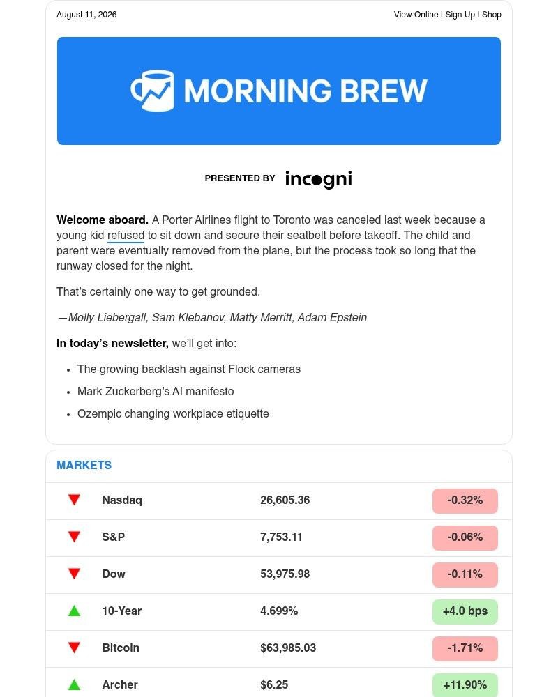 Screenshot of email sent to a Morning Brew Newsletter subscriber