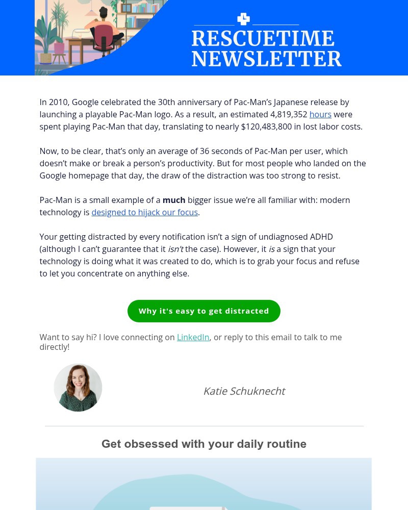 Screenshot of email sent to a RescueTime Newsletter subscriber