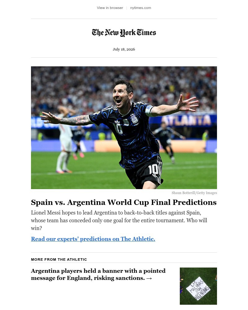 Screenshot of email sent to a The New York Times Customer
