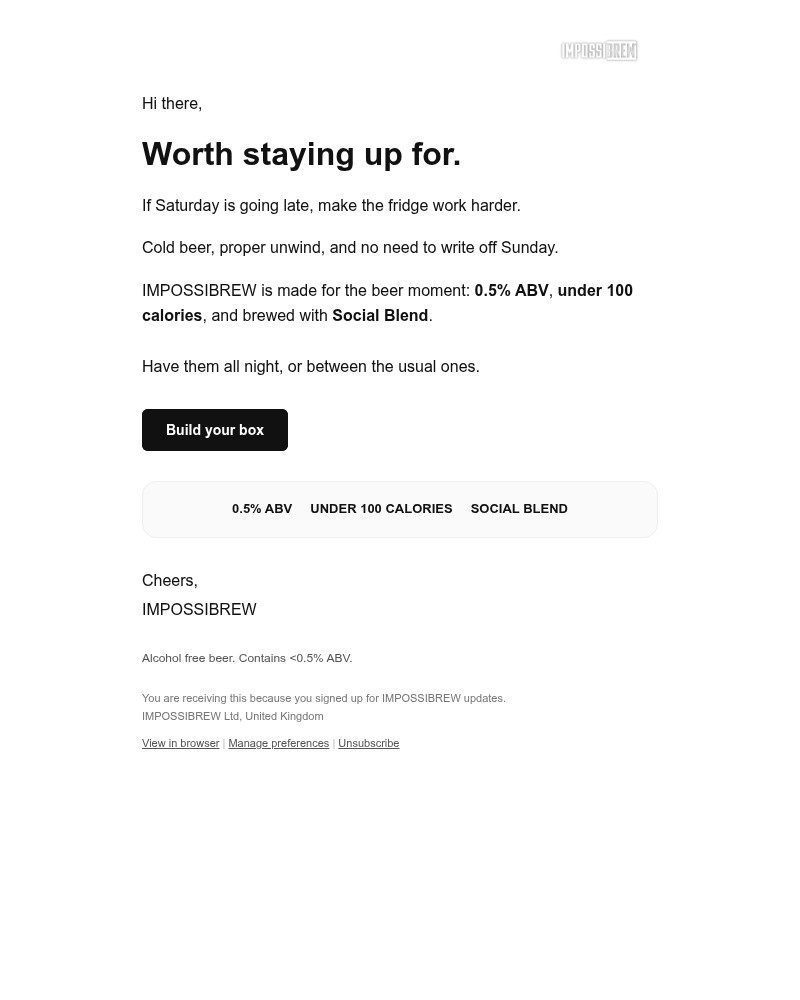 Screenshot of email sent to a Impossibrew Newsletter subscriber