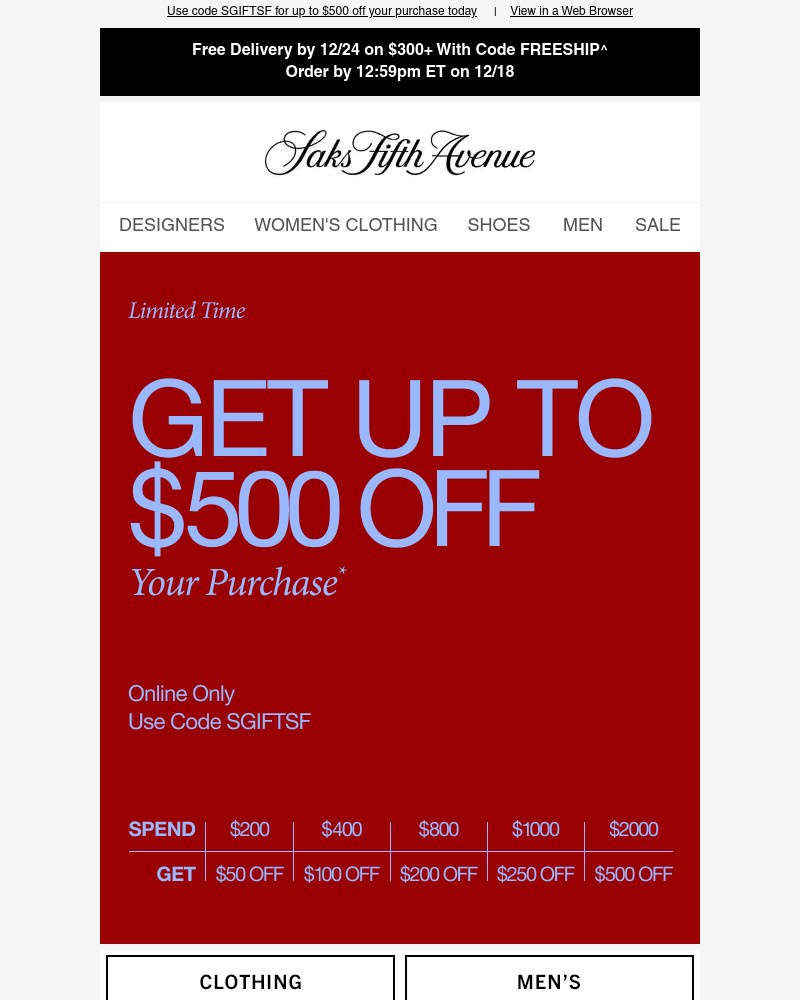 Screenshot of email sent to a Saks Fifth Avenue Newsletter subscriber