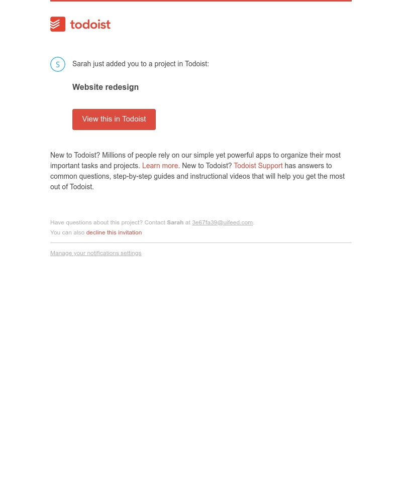 Screenshot of email sent to a Todoist Invited user