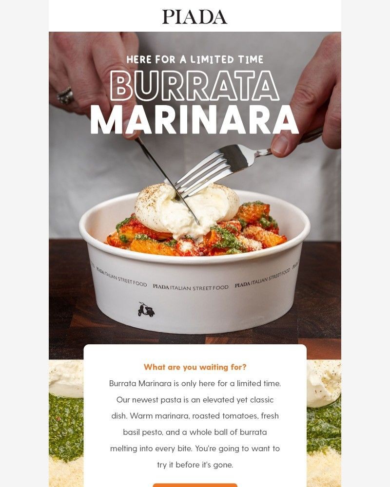 Screenshot of email sent to a Piada Italian Street Food Newsletter subscriber